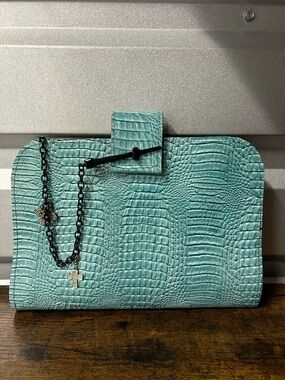 Turquoise Faux Croc Leather Journal Cover Western Style Notebook Holder w Chain